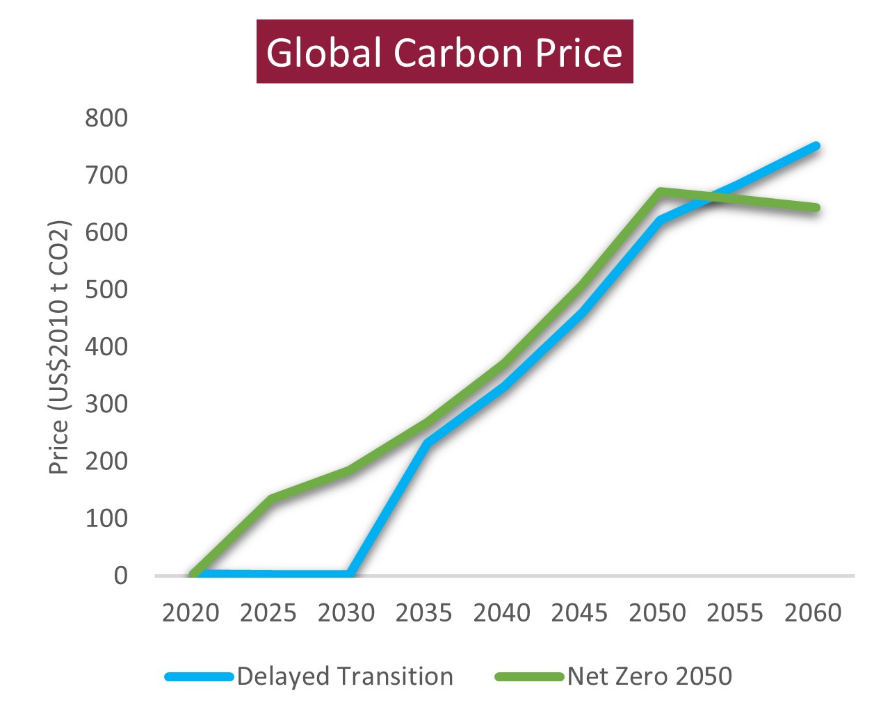 Global carbon price based on Delayed Transition vs. Net Zero 2050